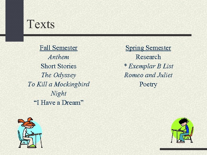 Texts Fall Semester Anthem Short Stories The Odyssey To Kill a Mockingbird Night “I