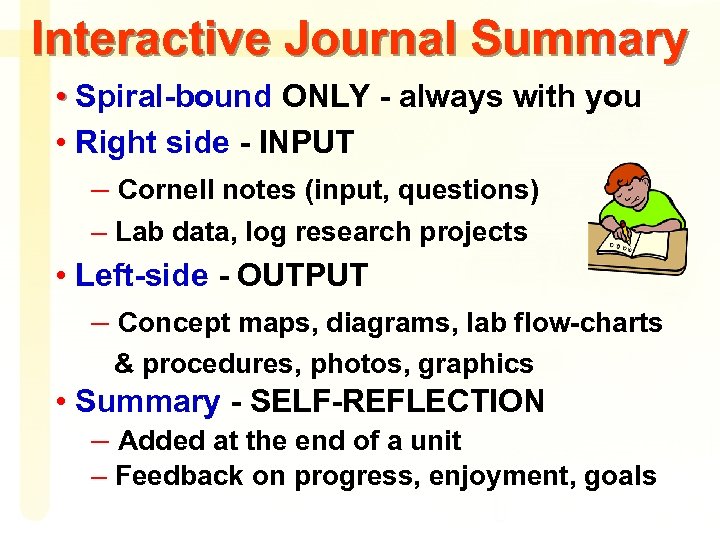 Interactive Journal Summary • Spiral-bound ONLY - always with you • Right side -