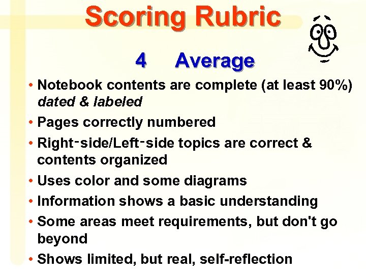 Scoring Rubric 4 Average • Notebook contents are complete (at least 90%) dated &