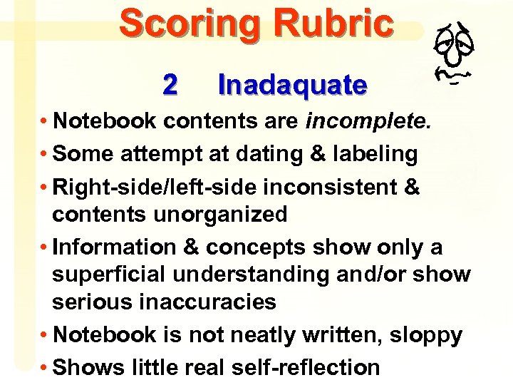 Scoring Rubric 2 Inadaquate • Notebook contents are incomplete. • Some attempt at dating
