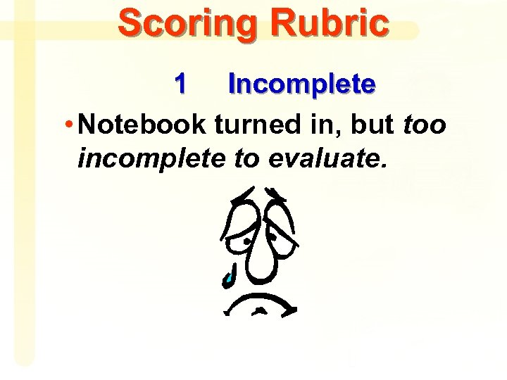 Scoring Rubric 1 Incomplete • Notebook turned in, but too incomplete to evaluate. 