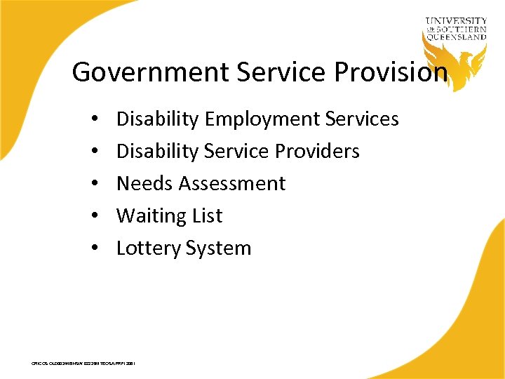 Government Service Provision • • • Disability Employment Services Disability Service Providers Needs Assessment