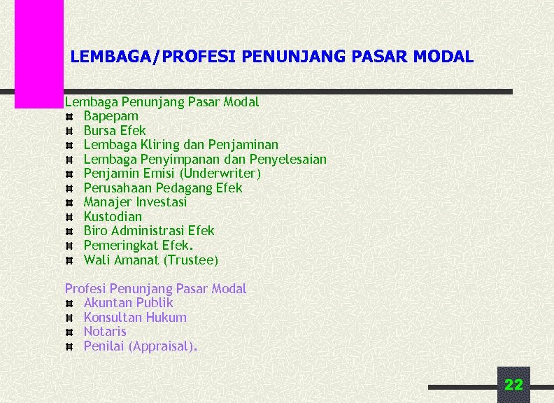 LEMBAGA/PROFESI PENUNJANG PASAR MODAL Lembaga Penunjang Pasar Modal Bapepam Bursa Efek Lembaga Kliring dan