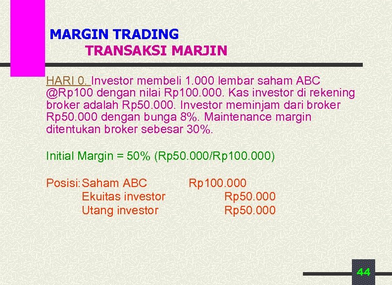 MARGIN TRADING TRANSAKSI MARJIN HARI 0. Investor membeli 1. 000 lembar saham ABC @Rp