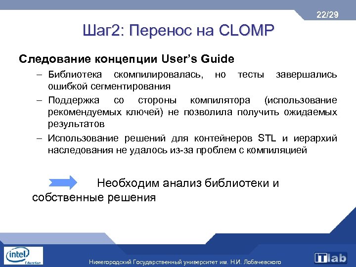 22/29 Шаг 2: Перенос на CLOMP Следование концепции User’s Guide – Библиотека скомпилировалась, но