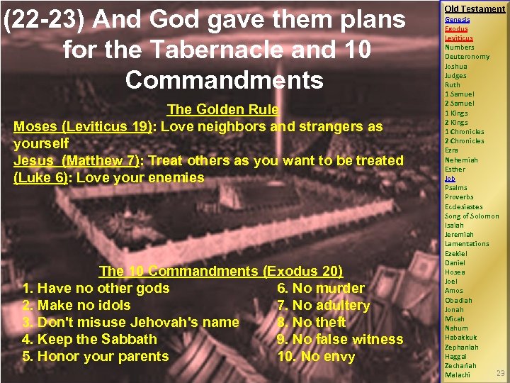 (22 -23) And God gave them plans for the Tabernacle and 10 Commandments The