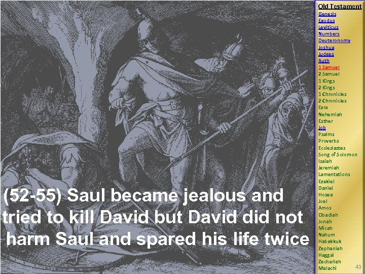 Old Testament (52 -55) Saul became jealous and tried to kill David but David