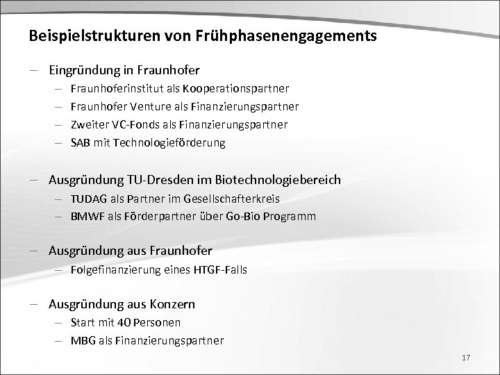 Beispielstrukturen von Frühphasenengagements - Eingründung in Fraunhofer - Fraunhoferinstitut als Kooperationspartner Fraunhofer Venture als