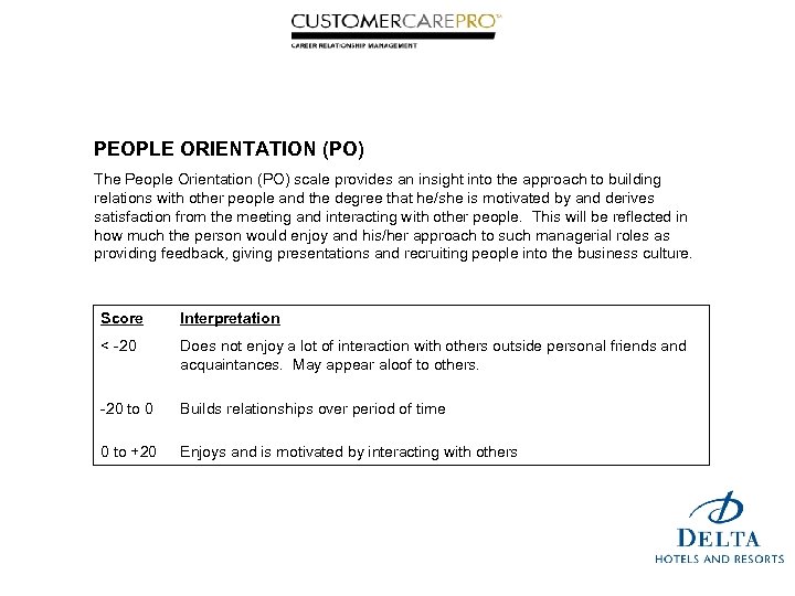 PEOPLE ORIENTATION (PO) The People Orientation (PO) scale provides an insight into the approach