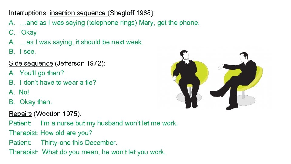 Interruptions: insertion sequence (Shegloff 1968): A. …and as I was saying (telephone rings) Mary,