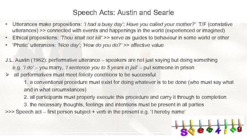 Speech Acts: Austin and Searle • Utterances make propositions: ‘I had a busy day’;