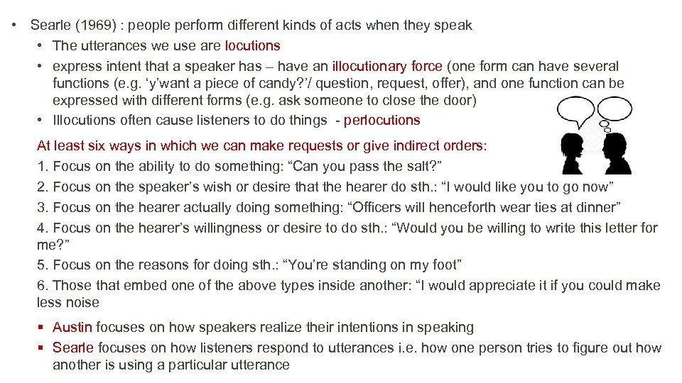  • Searle (1969) : people perform different kinds of acts when they speak