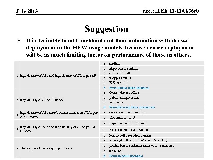 doc. : IEEE 11 -13/0836 r 0 July 2013 Suggestion • It is desirable