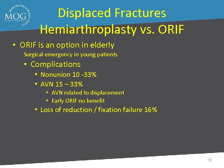 Displaced Fractures Hemiarthroplasty vs. ORIF • ORIF is an option in elderly Surgical emergency