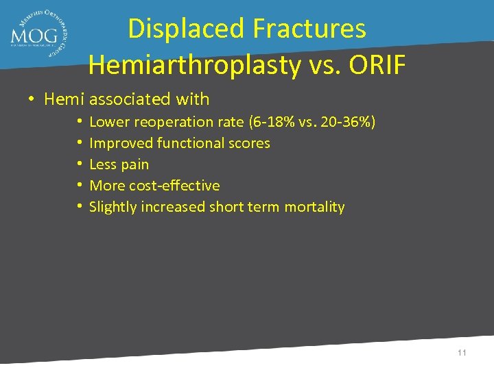 Displaced Fractures Hemiarthroplasty vs. ORIF • Hemi associated with • • • Lower reoperation