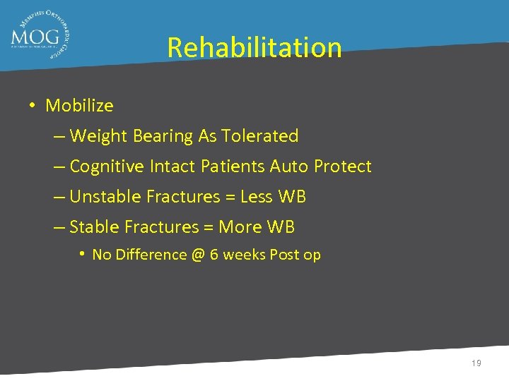 Rehabilitation • Mobilize – Weight Bearing As Tolerated – Cognitive Intact Patients Auto Protect