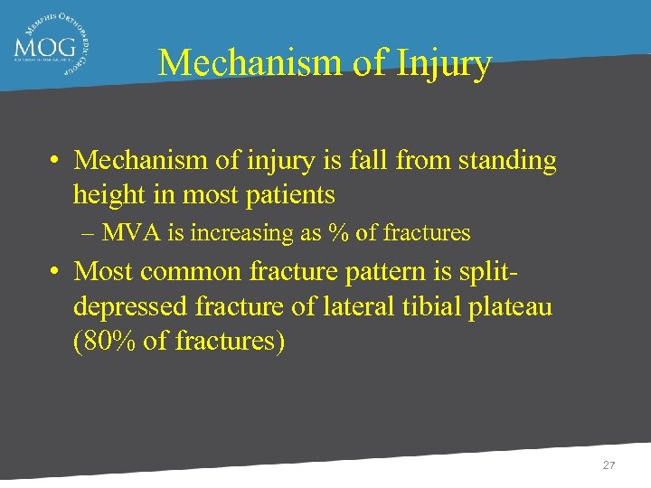 Mechanism of Injury • Mechanism of injury is fall from standing height in most