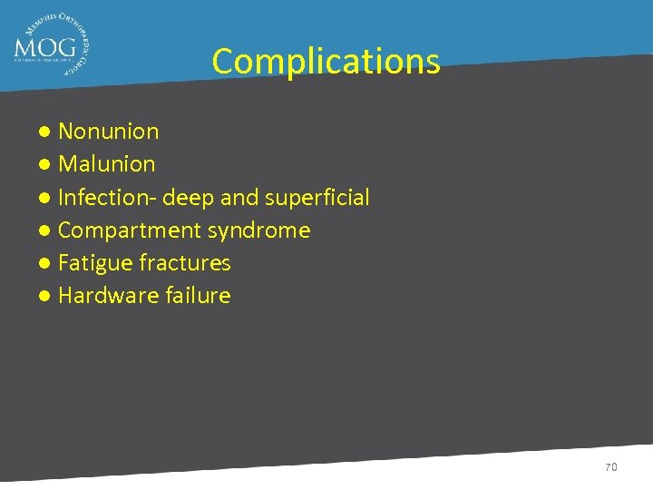 Complications ● Nonunion ● Malunion ● Infection- deep and superficial ● Compartment syndrome ●