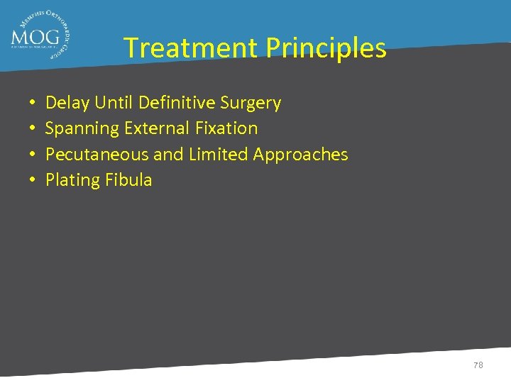 Treatment Principles • • Delay Until Definitive Surgery Spanning External Fixation Pecutaneous and Limited