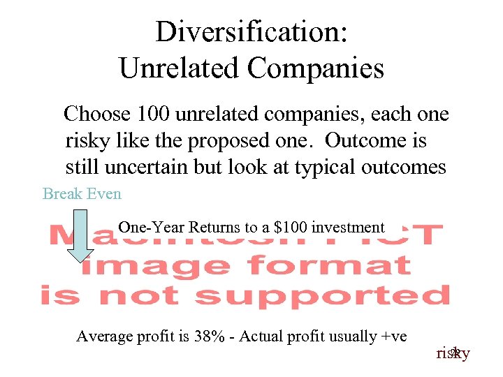 Diversification: Unrelated Companies Choose 100 unrelated companies, each one risky like the proposed one.