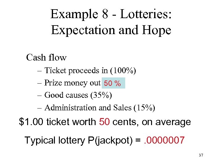 Example 8 - Lotteries: Expectation and Hope Cash flow – Ticket proceeds in (100%)