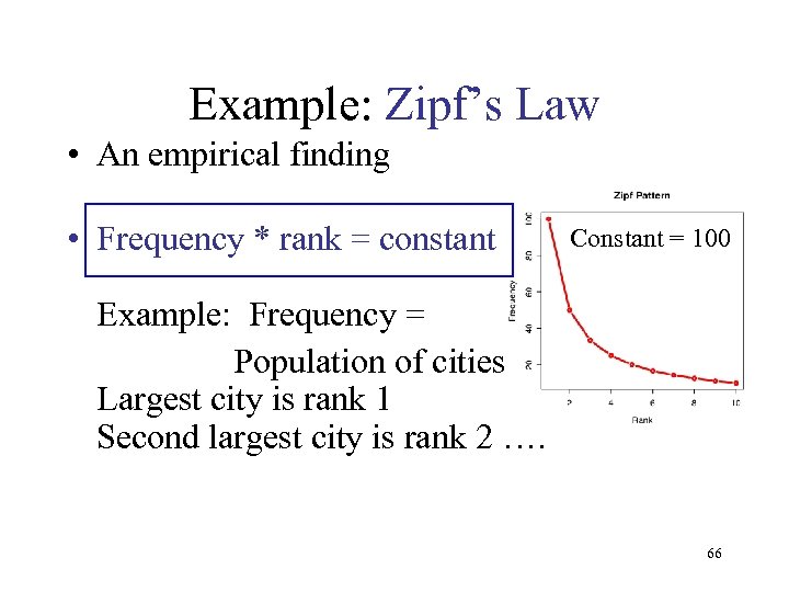 Example: Zipf’s Law • An empirical finding • Frequency * rank = constant Constant