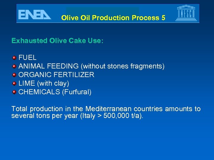 Olive Oil Production Process 5 Exhausted Olive Cake Use: FUEL ANIMAL FEEDING (without stones