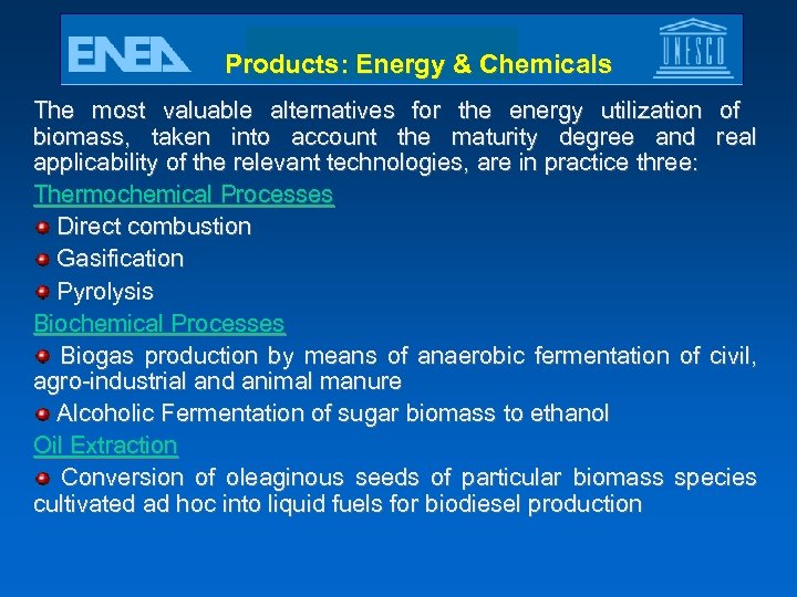 Products: Energy & Chemicals The most valuable alternatives for the energy utilization of biomass,