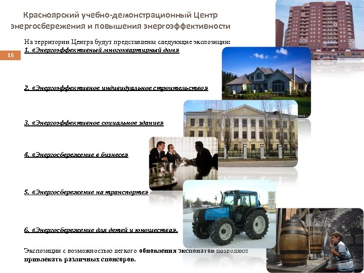 Красноярский учебно-демонстрационный Центр энергосбережения и повышения энергоэффективности 16 На территории Центра будут представлены следующие