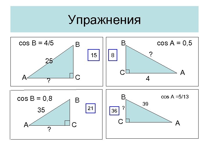 Упражнения cos B = 4/5 15 25 A B B ? С B A