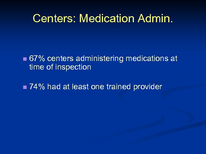 Centers: Medication Admin. n 67% centers administering medications at time of inspection n 74%