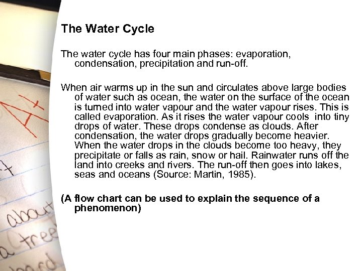 The Water Cycle The water cycle has four main phases: evaporation, condensation, precipitation and