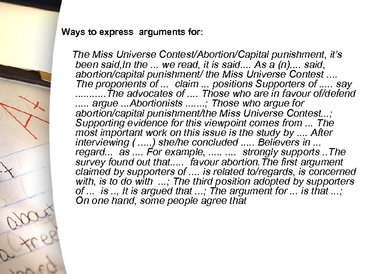 Ways to express arguments for: The Miss Universe Contest/Abortion/Capital punishment, it’s been said, In