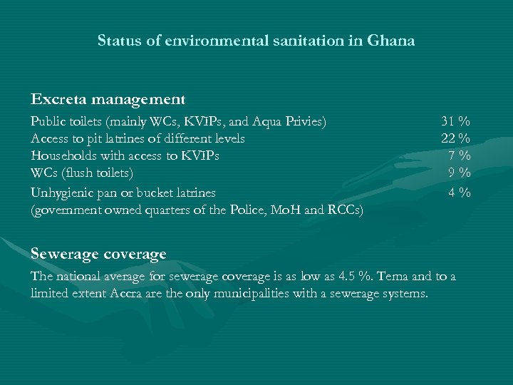 Status of environmental sanitation in Ghana Excreta management Public toilets (mainly WCs, KVIPs, and