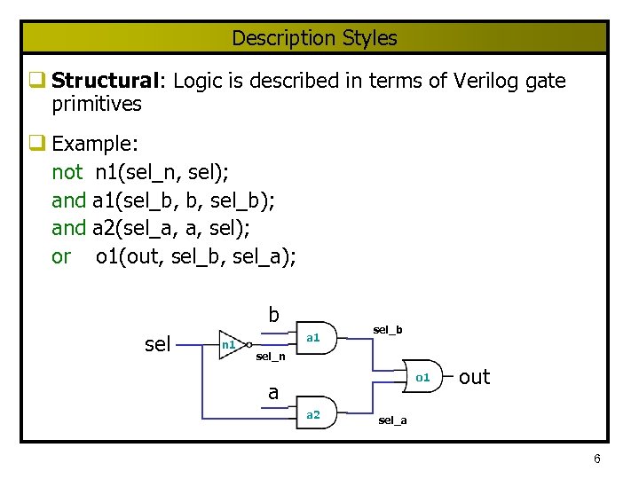 Description Styles q Structural: Logic is described in terms of Verilog gate primitives q