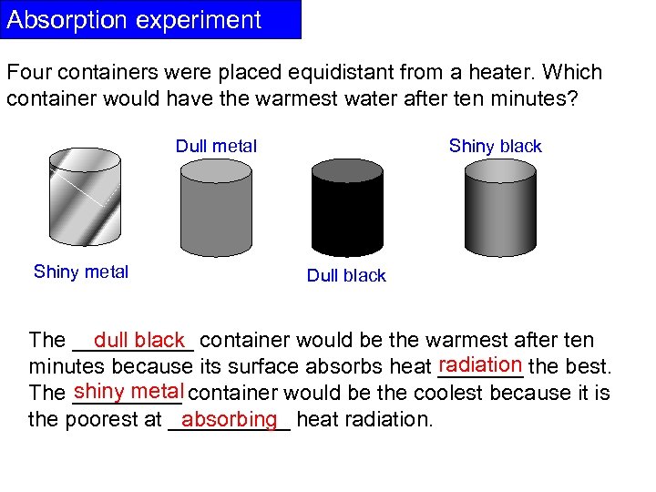 Absorption experiment Four containers were placed equidistant from a heater. Which container would have