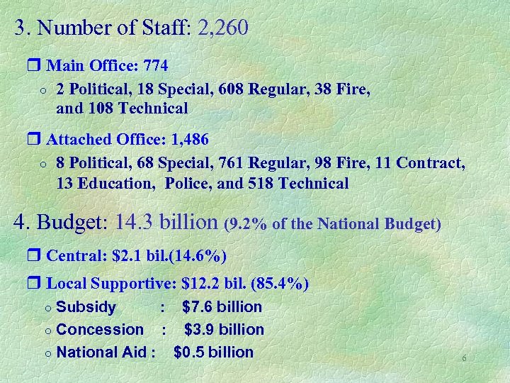 3. Number of Staff: 2, 260 r Main Office: 774 ○ 2 Political, 18
