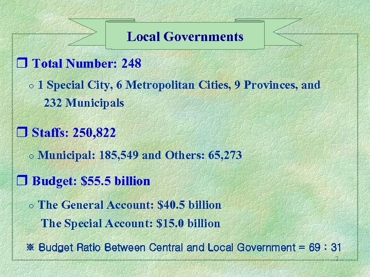 Local Governments r Total Number: 248 ○ 1 Special City, 6 Metropolitan Cities, 9