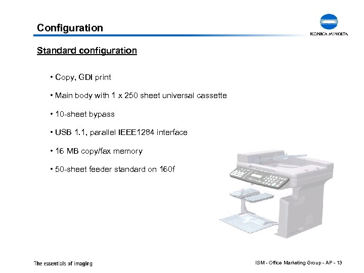 Configuration Standard configuration • Copy, GDI print • Main body with 1 x 250