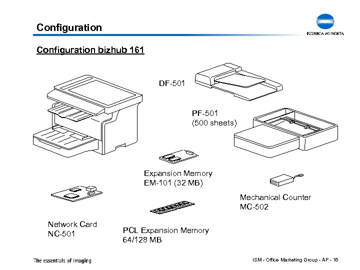 Configuration bizhub 161 DF-501 PF-501 (500 sheets) Expansion Memory EM-101 (32 MB) Mechanical Counter