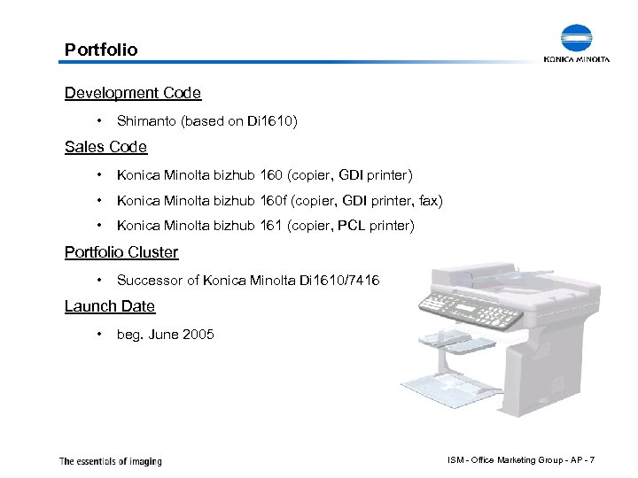 Portfolio Development Code • Shimanto (based on Di 1610) Sales Code • Konica Minolta