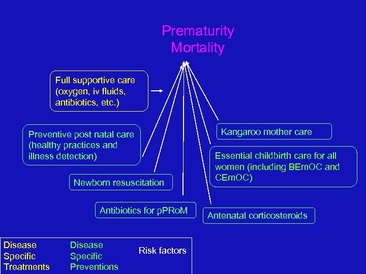 Prematurity Mortality Full supportive care (oxygen, iv fluids, antibiotics, etc. ) Kangaroo mother care