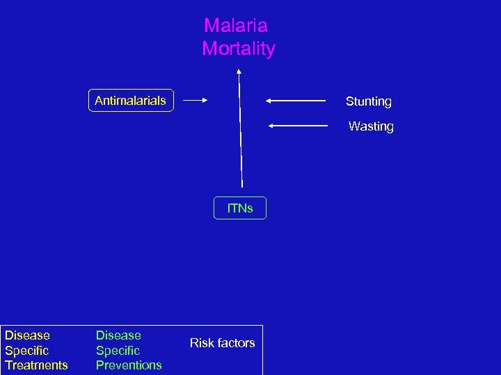 Malaria Mortality Antimalarials Stunting Wasting ITNs Disease Specific Treatments Disease Specific Preventions Risk factors