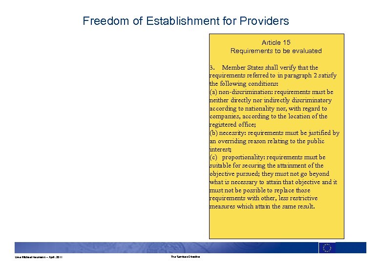 Freedom of Establishment for Providers Article 15 Requirements to be evaluated 3. Member States