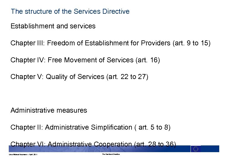 The structure of the Services Directive Establishment and services Chapter III: Freedom of Establishment