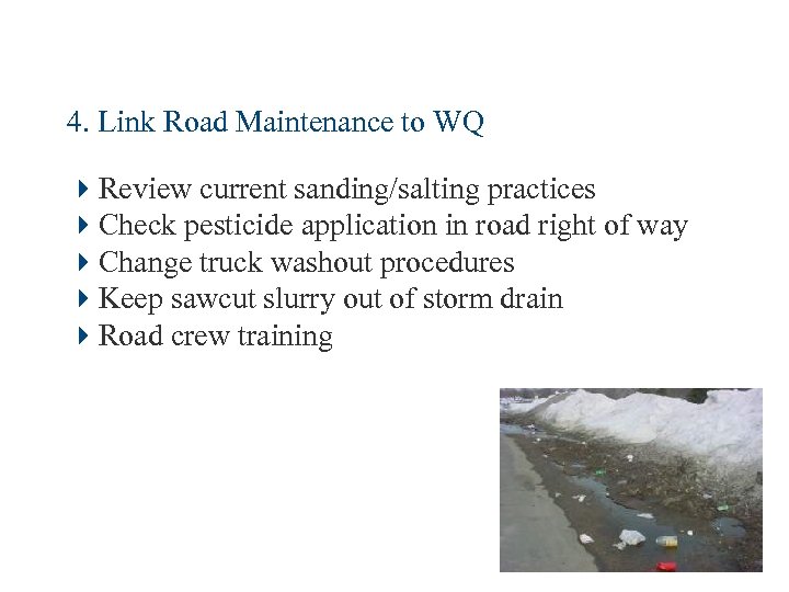 4. Link Road Maintenance to WQ 4 Review current sanding/salting practices 4 Check pesticide