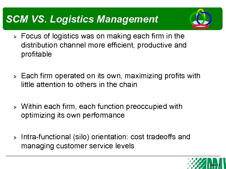 SCM VS. Logistics Management Ø Ø Focus of logistics was on making each firm