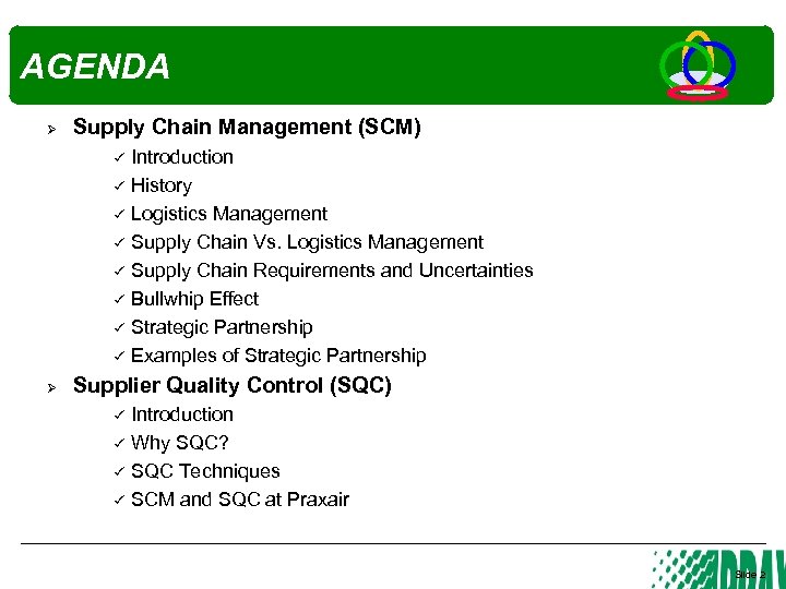 AGENDA Ø Supply Chain Management (SCM) Ø Introduction History Logistics Management Supply Chain Vs.