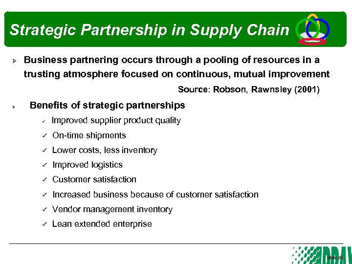 Strategic Partnership in Supply Chain Ø Business partnering occurs through a pooling of resources