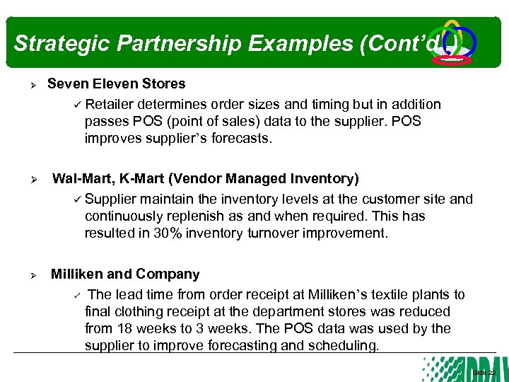 Strategic Partnership Examples (Cont’d. . ) Ø Ø Ø Seven Eleven Stores Retailer determines